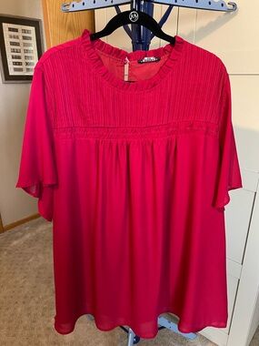 BloomChic Bright Red Pleated Yoke Flutter Sleeve Blouse